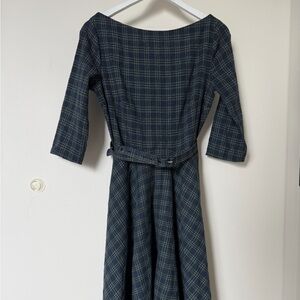 Unique Vintage Navy and Green Plaid Long Sleeve Dress